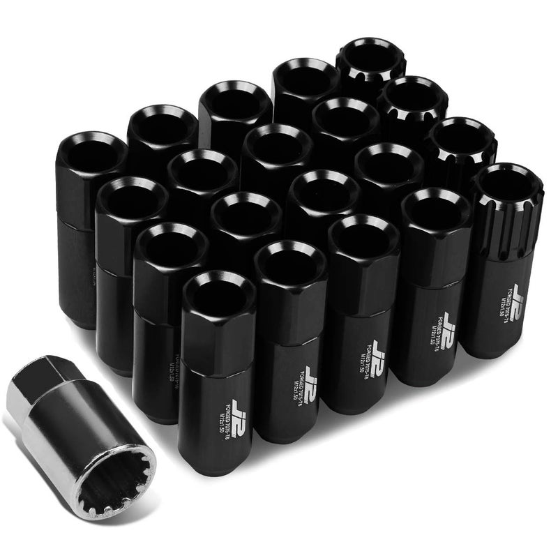 J2 Engineering 16Pcs 7075 Aluminum Open End M12 x 1.5 Lug Nuts w/4Pcs Lock Nuts & Key, Black, Fit Conical Seat, LN-T7-010-15-BK - Image 1